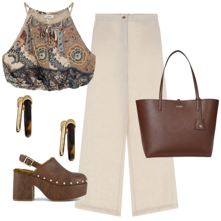 Outfit donna - Dixie Summer 4. Stile 70s per Tutti i giorni. Abbinamento con pantaloni, top, borse tote, orecchini, sabot.