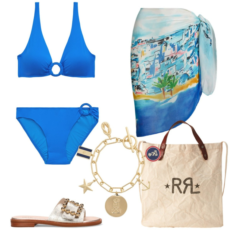 Outfit donna - In costume, con carattere. Stile Casual chic per Mare. Abbinamento con borse tote, bikini, vestiti da spiaggia, bikini, braccialetti con ciondoli, ciabatte.