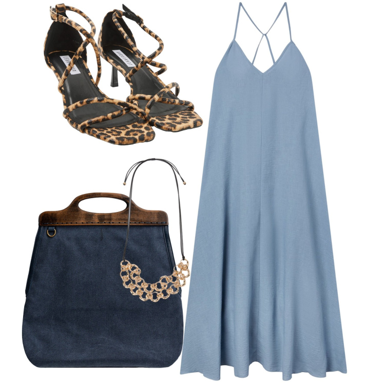 Outfit donna - Serata easy. Stile Chic per Serata fuori. Abbinamento con sandali col tacco, vestiti lunghi, collane, borse a tracolla.