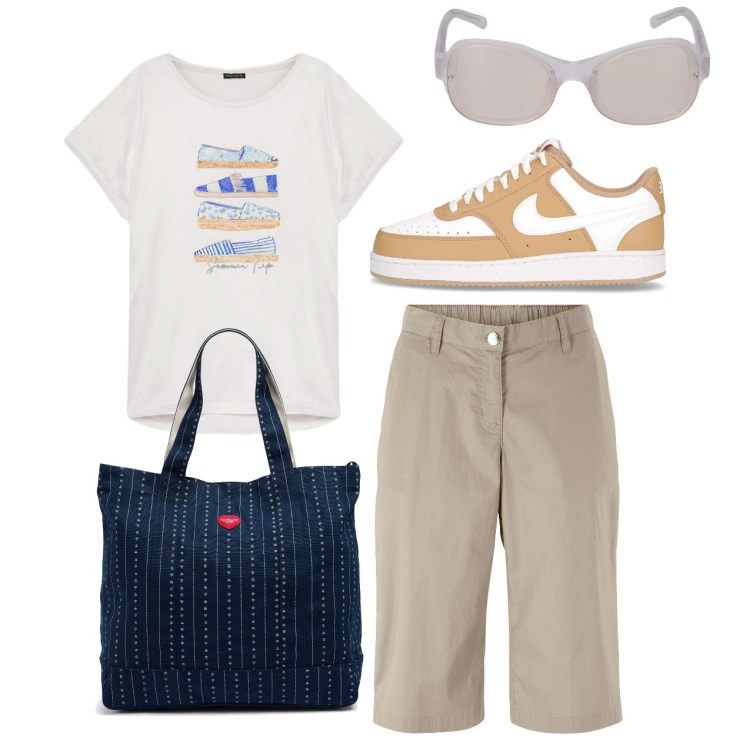 Outfit donna - In partenza. Stile Basic per Tutti i giorni. Abbinamento con bermuda, t-shirt, sneakers, occhiali da sole, borse tote.