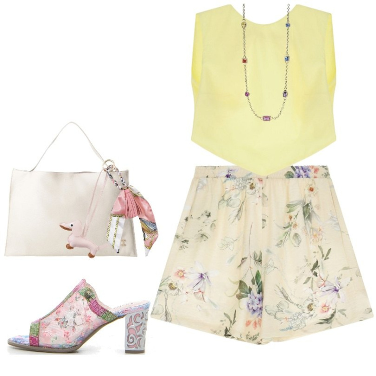 Outfit donna - Sabot con tacco laura vita. Stile Trendy per Tutti i giorni. Abbinamento con collane, pantaloni corti, top, borse a spalla, portachiavi, sabot.