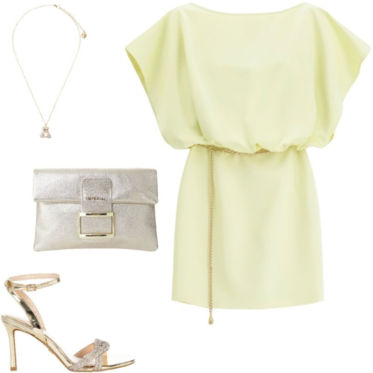 Outfit donna - Giornata in città. Stile Chic per Serata fuori. Abbinamento con pochette, vestiti corti, sandali col tacco, ciondoli.