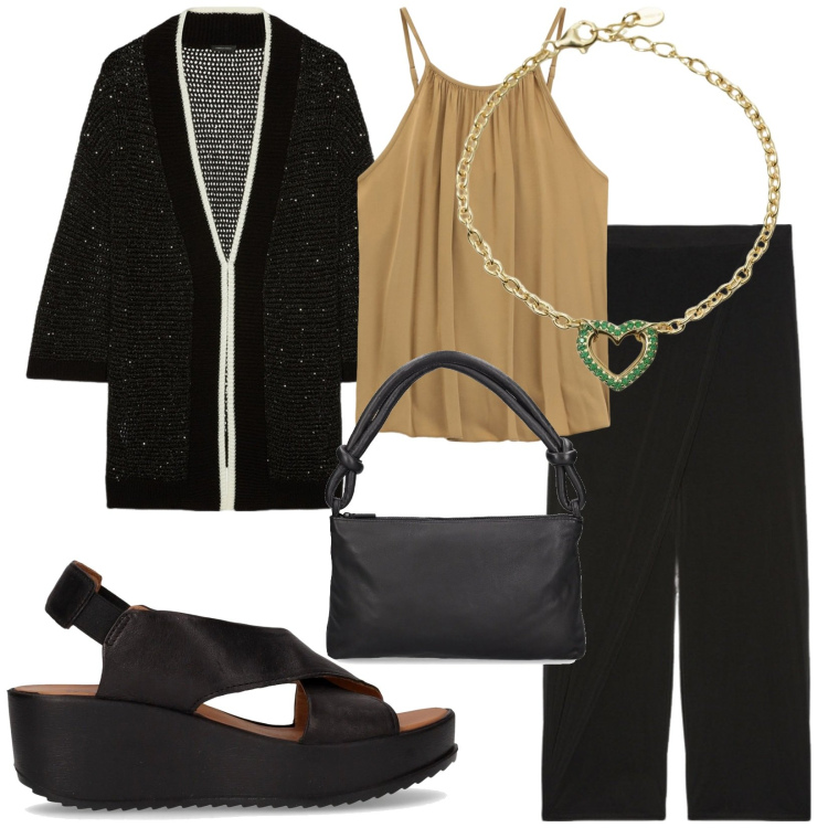 Outfit donna - City. Stile Basic per Ufficio. Abbinamento con braccialetti, top, cardigans, pantaloni, sandali, borse a spalla.