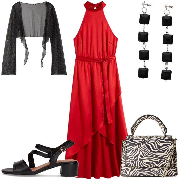 Outfit donna - Total look #2203031. Stile Glamour per Serata fuori. Abbinamento con vestiti, borse a tracolla, bolero, orecchini, sandali col tacco.