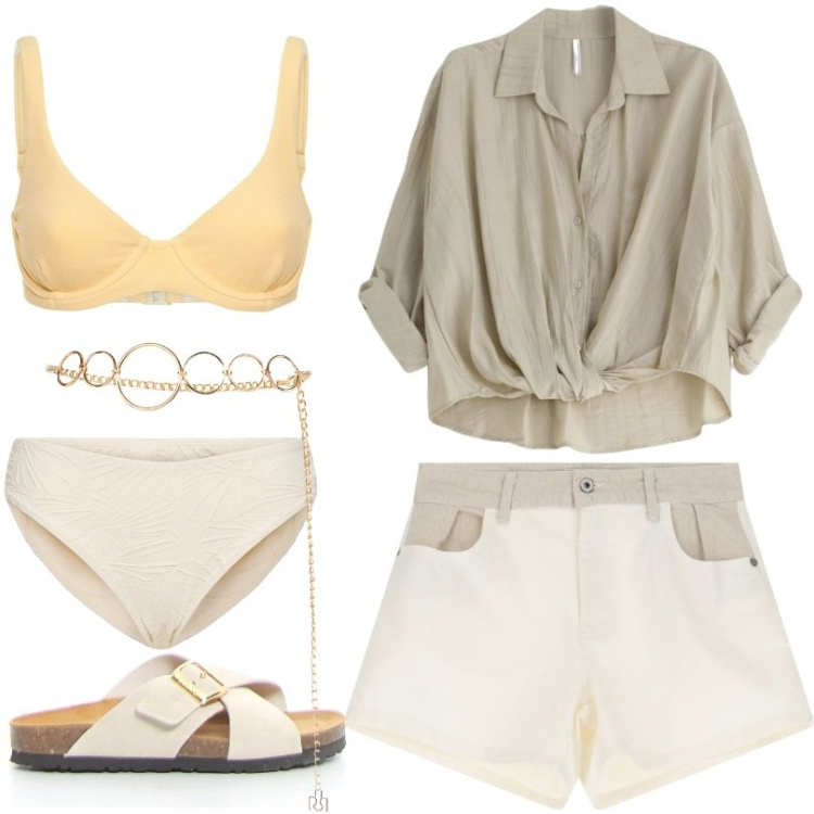 Outfit donna - Comfort e stile. Stile Casual per Mare. Abbinamento con cinture, shorts, camicie, ciabatte, bikini, bikini.