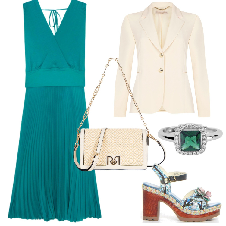 Outfit donna - Colori tropicali: verde smeraldo - curvy. Stile Casual chic per Serata fuori. Abbinamento con anelli, blazer, borse a tracolla, vestiti lunghi, sandali col tacco.