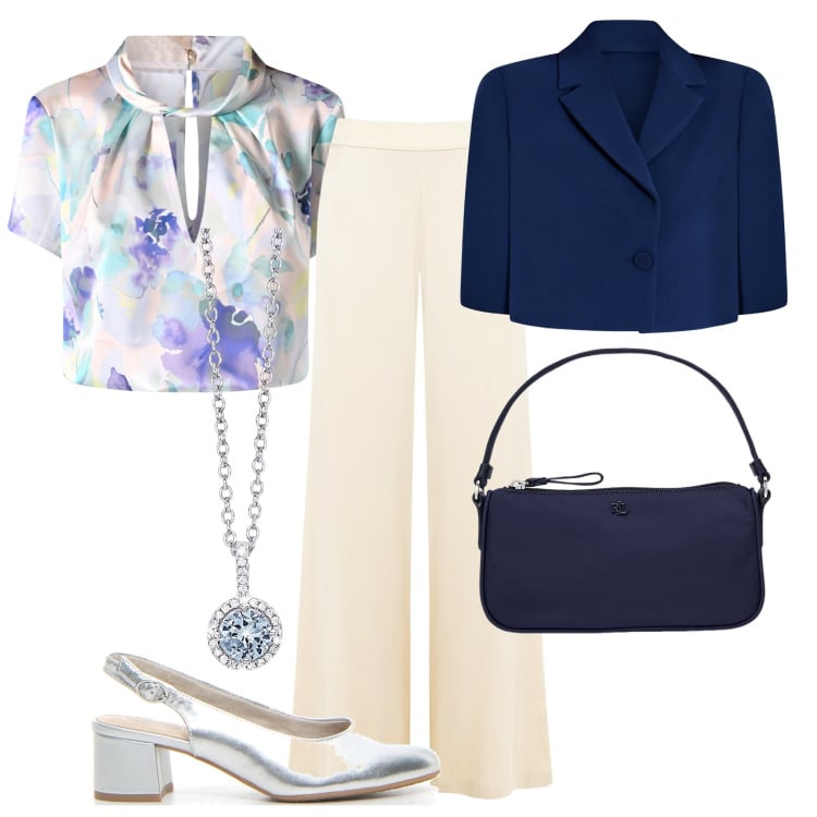 Outfit donna - Rinascimento 2. Stile Casual chic per Ufficio. Abbinamento con collane, bluse, pantaloni a palazzo, cappe, pochette, décolleté.