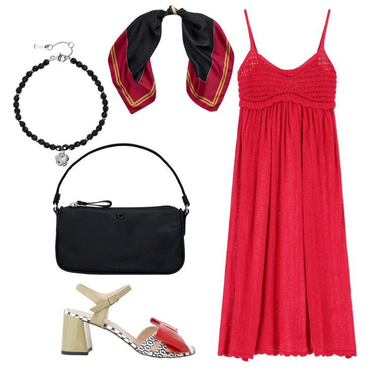 Outfit donna - Please Summer 4. Stile Trendy per Mare. Abbinamento con braccialetti, vestiti, sandali col tacco, foulard, pochette.