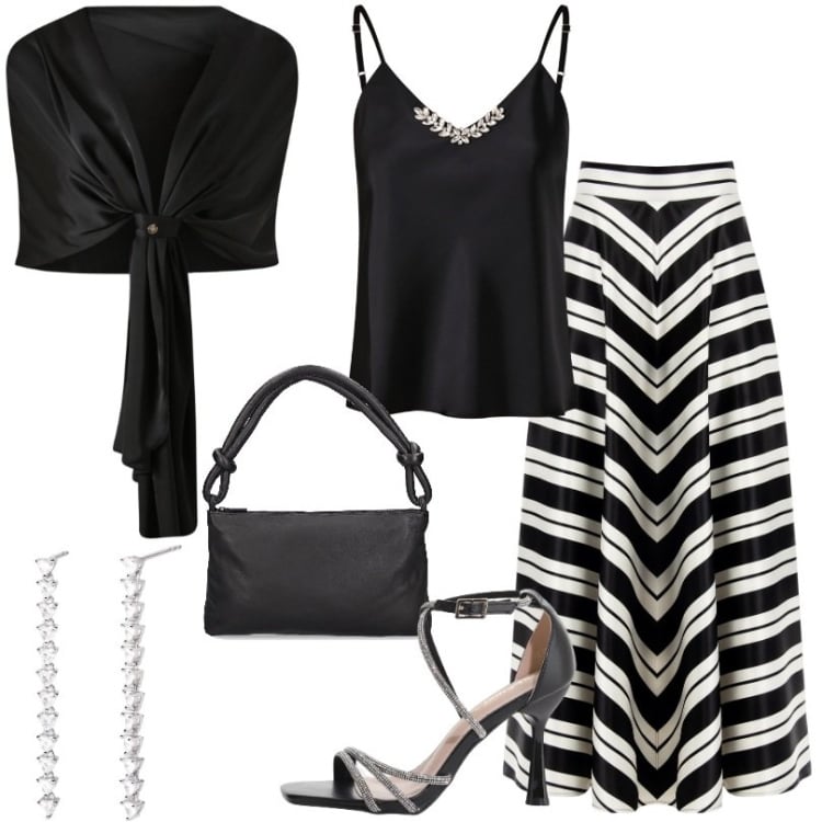 Outfit donna - Eleganza senza tempo. Stile Chic per Serata fuori. Abbinamento con orecchini, scialli, gonne, canottiere, sandali col tacco, borse a spalla.