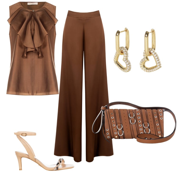 Outfit donna - Rinascimento 3. Stile Vintage retrò per Serata fuori. Abbinamento con pantaloni a palazzo, sandali in pelle, borse a spalla, bluse, orecchini.