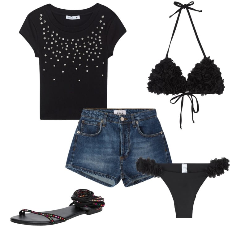 Outfit donna - Terranova - Summer sale 2025. Stile Casual chic per Mare. Abbinamento con t-shirt, shorts, bikini, sandali alla schiava, bikini.