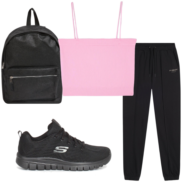 Outfit donna - Top rosa. Stile Casual per Tutti i giorni. Abbinamento con zaini, canottiere, pantaloni, sneakers.