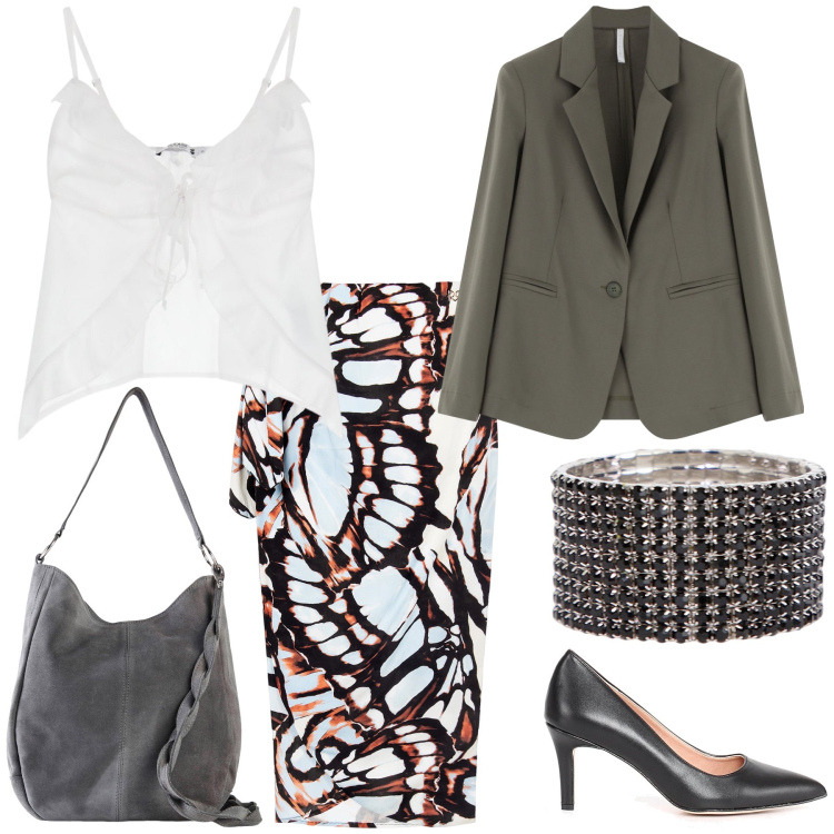 Outfit donna - La gonna pareo al ristorante. Stile Chic per Serata fuori. Abbinamento con borse a mano, gonne longuette, top, blazer, braccialetti, décolleté.