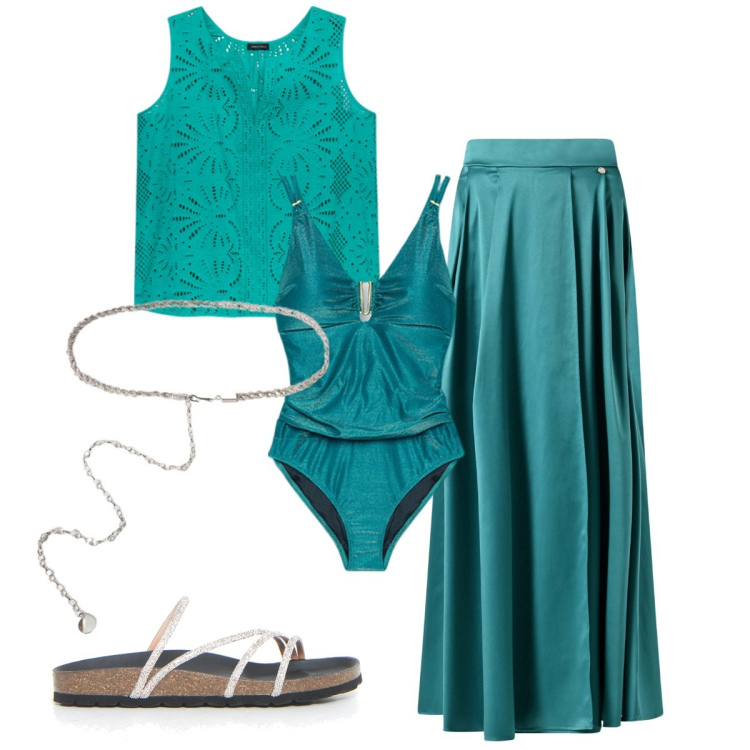 Outfit donna - Colori vivaci e tropicali - curvy. Stile Casual chic per Mare. Abbinamento con gonne lunghe, costumi interi, top, ciabatte, cinture.