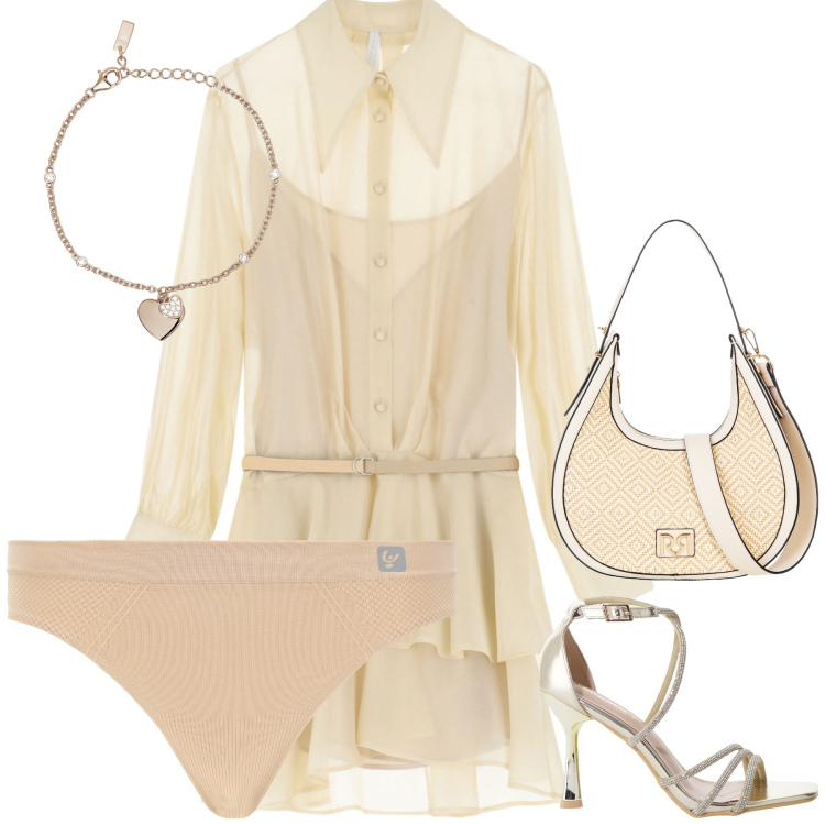 Outfit donna - Abito romantico. Stile Romantica per Serata fuori. Abbinamento con braccialetti con ciondoli, borse a mano, sandali col tacco, vestiti corti, perizomi.