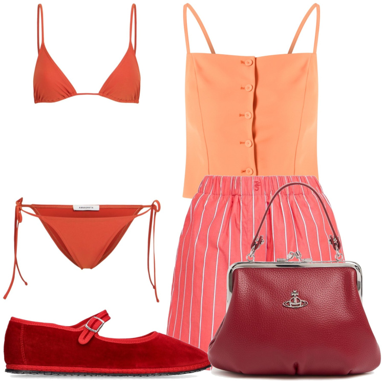 Outfit donna - In spiaggia con accessori wow. Stile Glamour per Mare. Abbinamento con canottiere, borse a mano, shorts, ballerine, bikini.