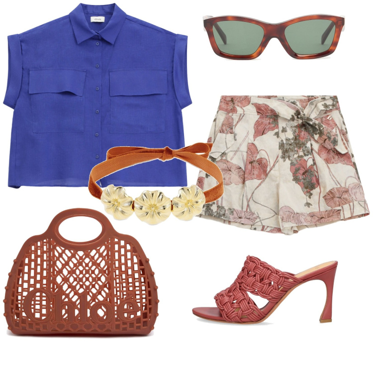 Outfit donna - blu. Stile Casual chic per Tutti i giorni. Abbinamento con camicie a manica corta, shorts, pantofole, occhiali da sole, collane, borse a mano.