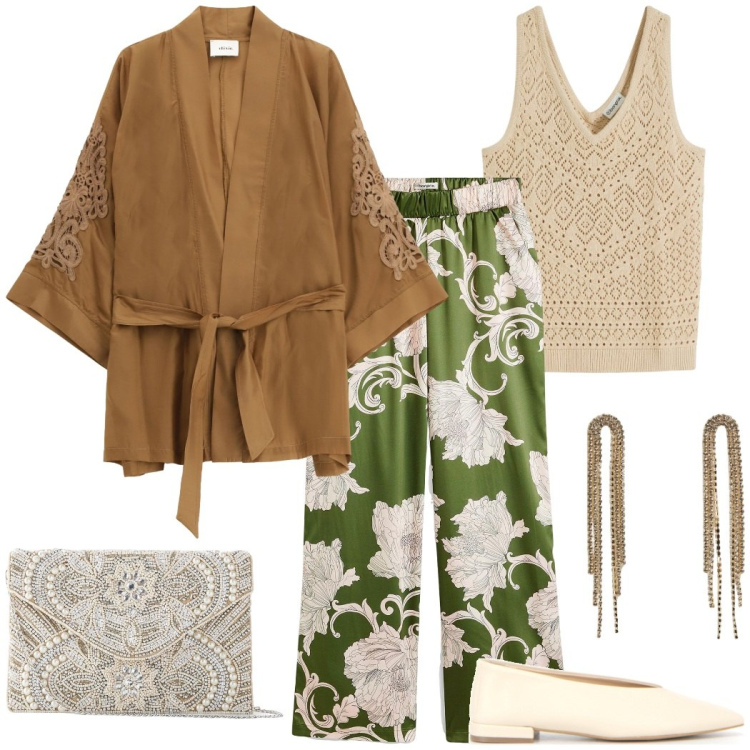 Outfit donna - Raffinato gioco di tessuti e fantasie. Stile Etnico per Serata fuori. Abbinamento con pochette, top, pantaloni a palazzo, orecchini, cappotti, ballerine.
