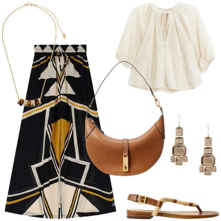 Outfit donna - Dixie - Summer sale. Stile Etnico per Tutti i giorni. Abbinamento con camicie, pantaloni, collane, borse a spalla, ciabatte, orecchini.