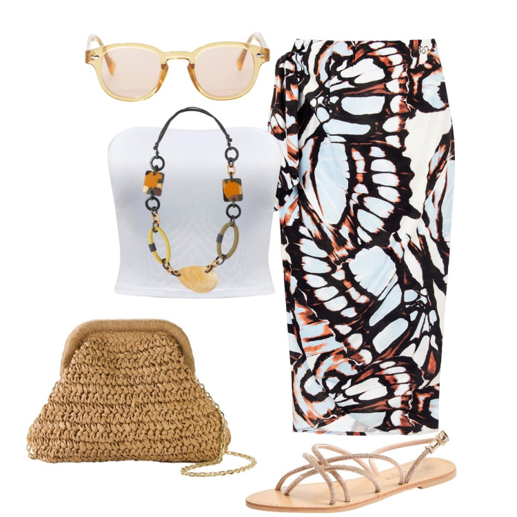 Outfit donna - La gonna fasciante. Stile Glamour per Serata fuori. Abbinamento con borse a tracolla, sandali, top, gonne longuette, occhiali da sole, collane.
