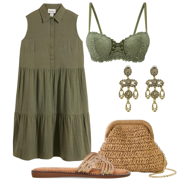 Outfit donna - Fresco abito in mussola. Stile Basic per Tutti i giorni. Abbinamento con vestiti, borse a tracolla, reggiseni a balconcino, orecchini, ciabatte.