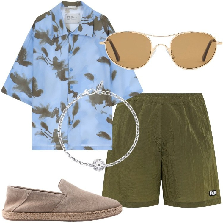 Outfit uomo - Aperitivo in shorts. Stile Casual per Mare. Abbinamento con braccialetti, camicie a manica corta, espadrillas, occhiali da sole, shorts.
