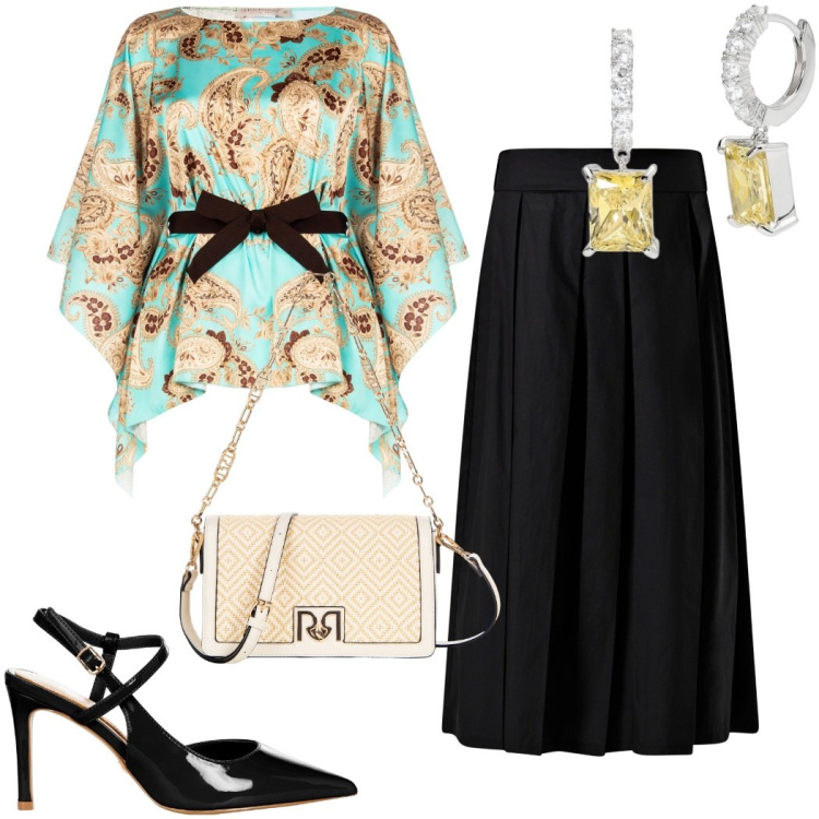 Outfit donna - Raffinata blusa per un evento estivo. Stile Chic per Cerimonia. Abbinamento con orecchini, bluse, gonne longuette, décolleté, borse a tracolla.