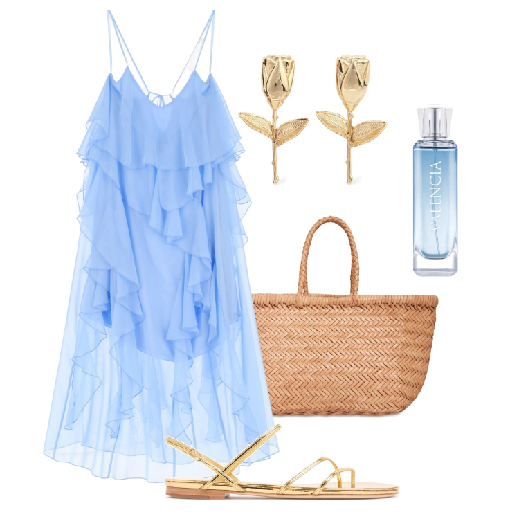 Outfit donna - Sere azzurre d’estate. Stile Glamour per Serata fuori. Abbinamento con profumi, vestiti lunghi, sandali in pelle, shopping bag, orecchini.