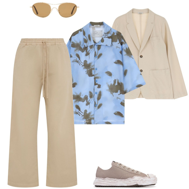 Outfit uomo - Osare la camicia colorata. Stile Casual Abbinamento con camicie a manica corta, giacche, occhiali da sole, sneakers, pantaloni.