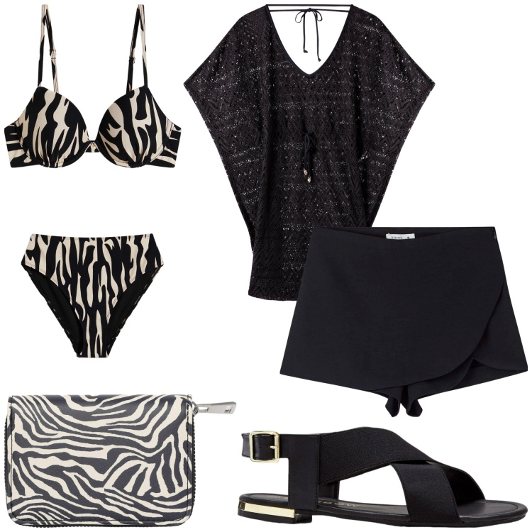 Outfit donna - In costume con carattere. Stile Casual per Mare. Abbinamento con bikini, sandali, vestiti da spiaggia, minigonne, portafogli.