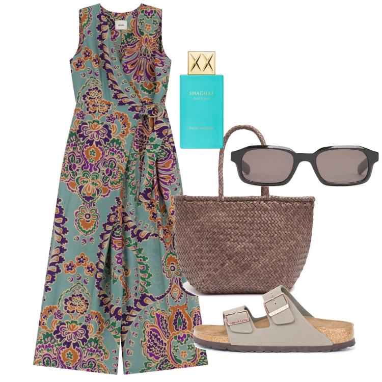 Outfit donna - Luglio. Stile Chic per Tutti i giorni. Abbinamento con profumi, tute, ciabatte, borse a mano, occhiali da sole.