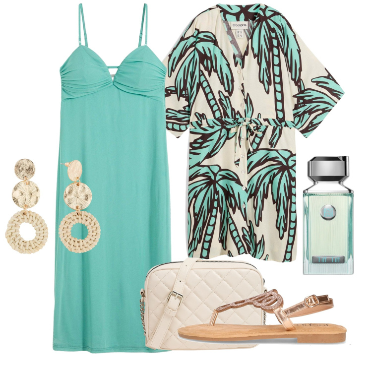 Outfit donna - Aperitivo acquamarina. Stile Chic per Serata fuori. Abbinamento con vestiti lunghi, vestiti corti, orecchini, profumi, borse a tracolla, sandali in pelle.