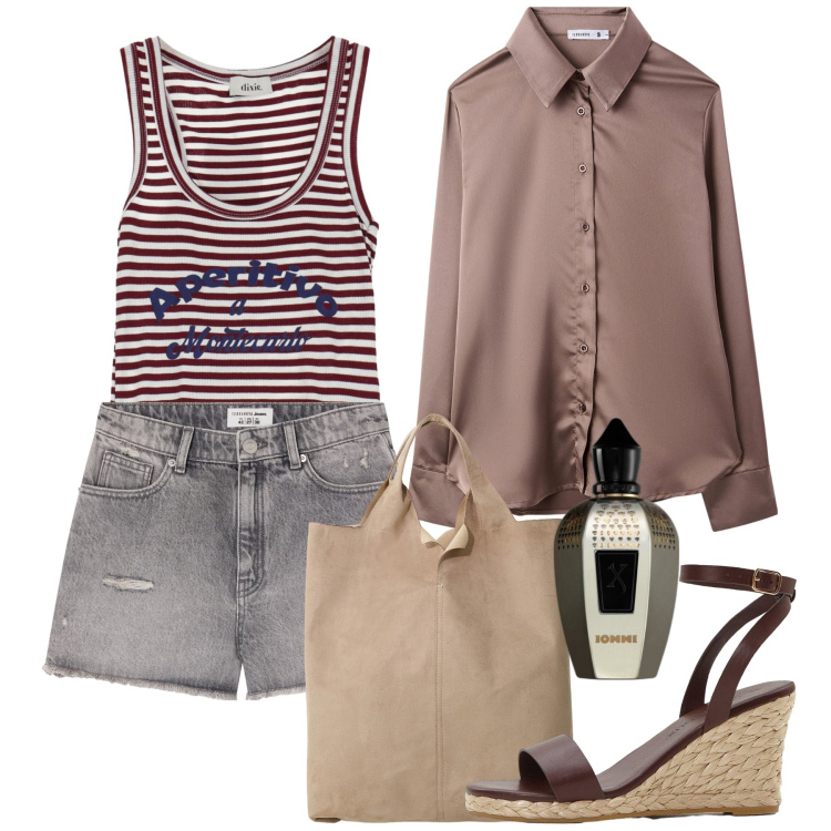 Outfit donna - Casual chic. Stile Casual chic per Tutti i giorni. Abbinamento con sandali, profumi, camicie, shorts, top, shopping bag.