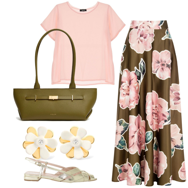 Outfit donna - Lungo di giorno. Stile Trendy per Tutti i giorni. Abbinamento con t-shirt, sandali, gonne, orecchini, borse a spalla.