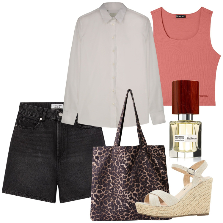 Outfit donna - Camicia a luglio. Stile Casual chic per Tutti i giorni. Abbinamento con sandali, profumi, bermuda, shopping bag, top, camicie.