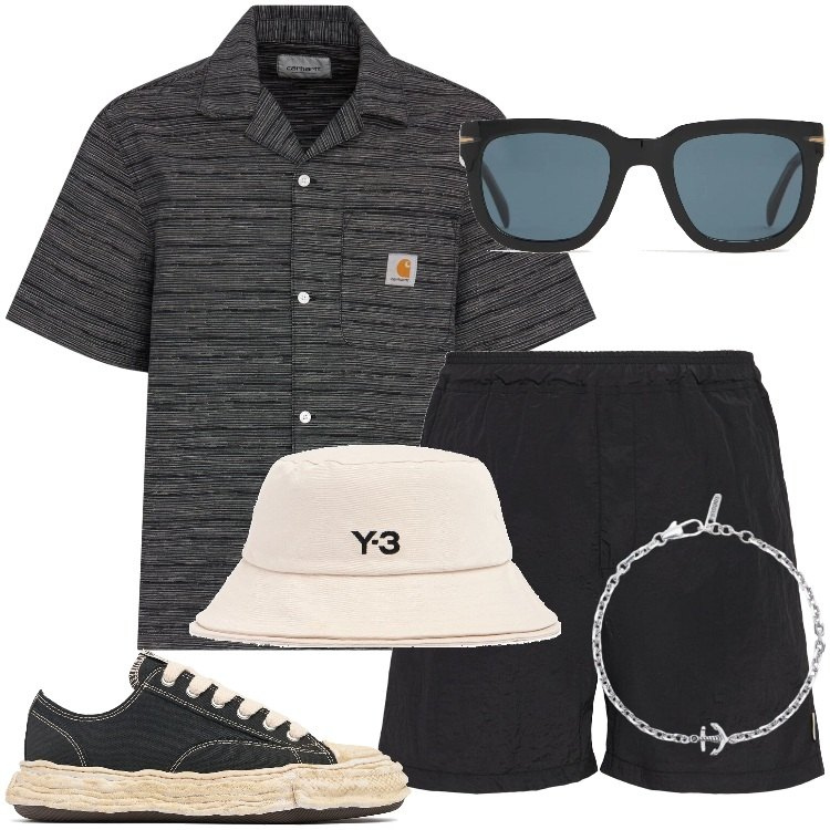 Outfit uomo - Beach in Black. Stile Casual per Mare. Abbinamento con braccialetti, occhiali da sole, cappelli, sneakers, shorts, camicie a manica corta.