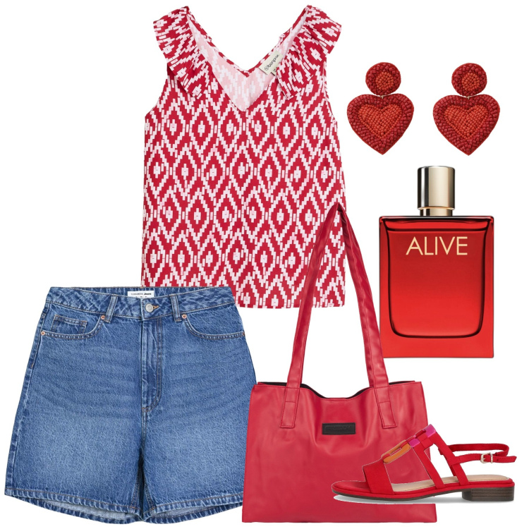 Outfit donna - Rosso luglio. Stile Casual chic per Tutti i giorni. Abbinamento con top, profumi, bermuda, shopping bag, orecchini, sandali.