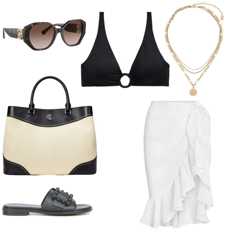 Outfit donna - Passeggiata in spiaggia. Stile Casual chic per Mare. Abbinamento con ciondoli, vestiti da spiaggia, bikini, borse a mano, occhiali da sole, ciabatte.