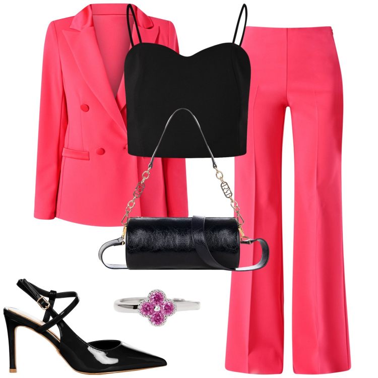 Outfit donna - Fucsia e nero. Stile Chic per Cerimonia. Abbinamento con pantaloni a palazzo, blazer, borse a mano, décolleté, top, anelli.