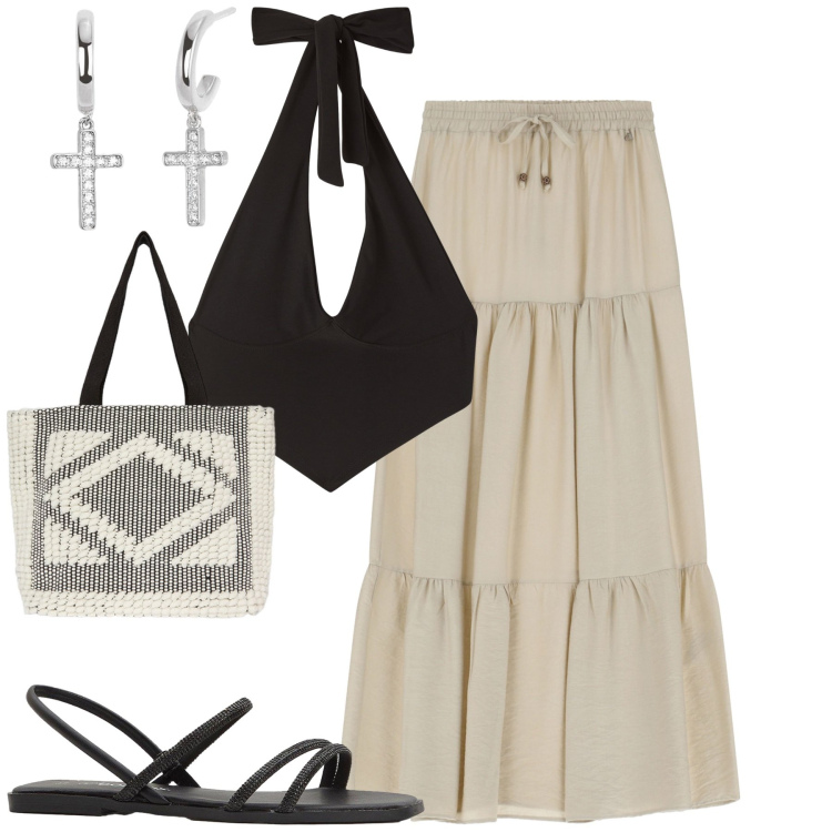 Outfit donna - Total look #2203188. Stile Casual chic per Tutti i giorni. Abbinamento con sandali, top, orecchini, gonne lunghe, shopping bag.