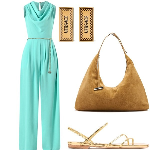 Outfit donna - A cena fuori. Stile Casual chic per Serata fuori. Abbinamento con tute, sandali in pelle, orecchini, borse a spalla.