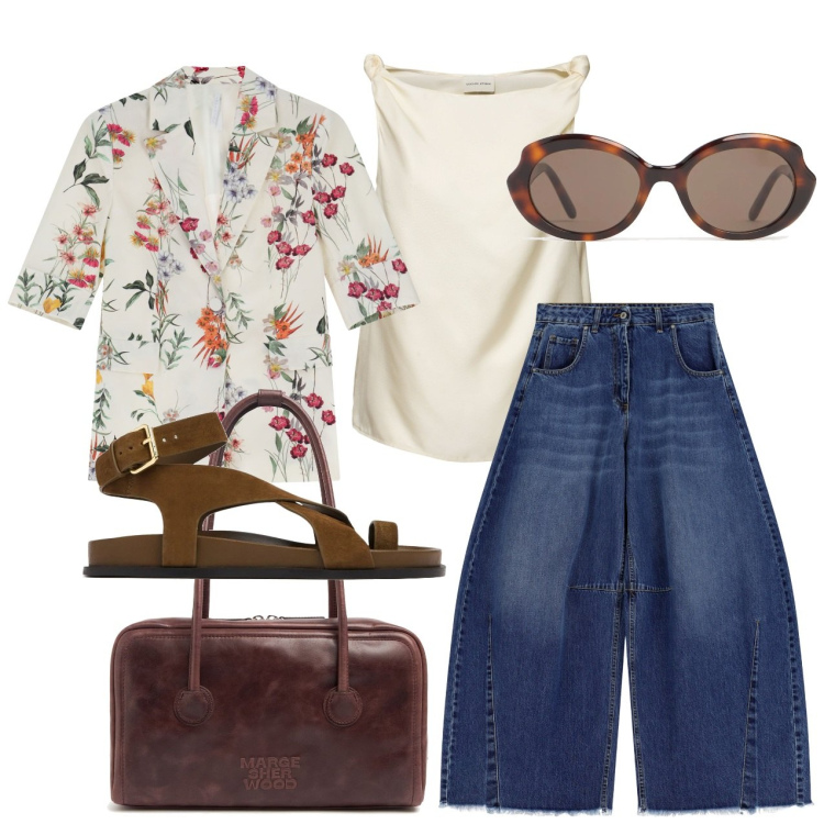 Outfit donna - City. Stile Casual chic per Tutti i giorni. Abbinamento con blazer, jeans, occhiali da sole, sandali in pelle, top, borse a spalla.