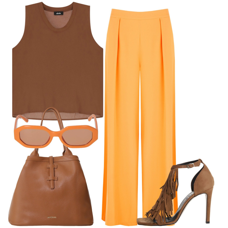 Outfit donna - Effervescente. Stile Chic per Tutti i giorni. Abbinamento con borse tote, décolleté, top, pantaloni, occhiali da sole.