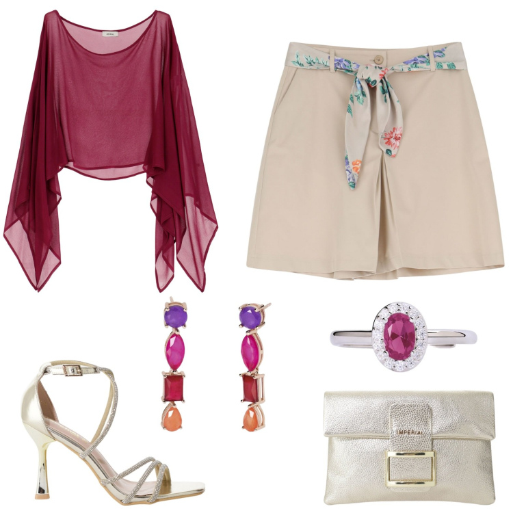 Outfit donna - Viaggio in Turchia. Stile Chic per Serata fuori. Abbinamento con orecchini, anelli, sandali col tacco, shorts, pochette, camicie.