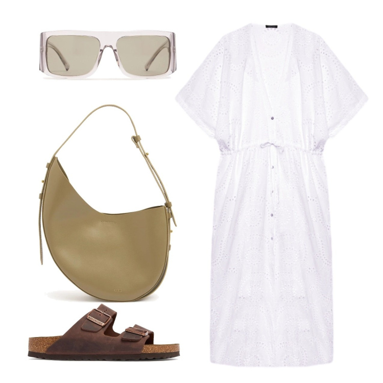 Outfit donna - Bianco. Stile Bon Ton per Tutti i giorni. Abbinamento con caftani, occhiali da sole, borse a spalla, sandali in pelle.