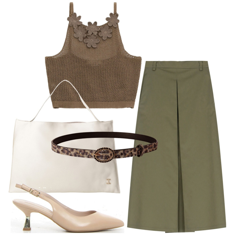Outfit donna - Luglio al top. Stile Bon Ton per Serata fuori. Abbinamento con cinture, gonne lunghe, borse a spalla, top, décolleté.