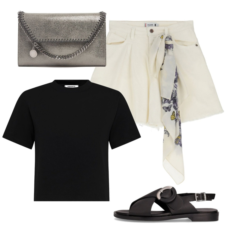 Outfit donna - City. Stile Casual per Tutti i giorni. Abbinamento con shorts, pochette, sandali, t-shirt.