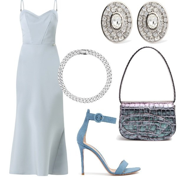 Outfit donna - Matrimonio in vista. Stile Glamour per Cerimonia. Abbinamento con vestiti lunghi, braccialetti, borse a spalla, sandali in pelle, orecchini.