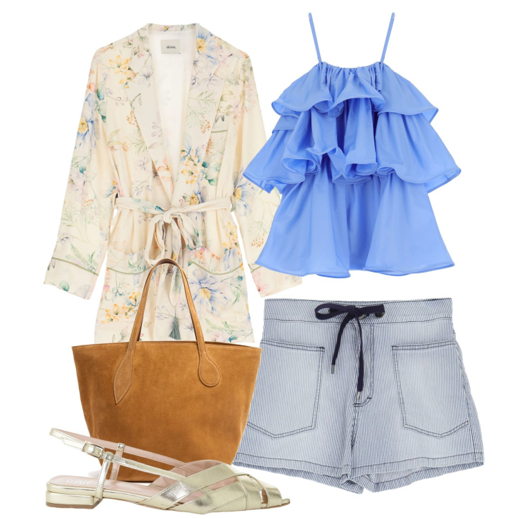 Outfit donna - City. Stile Casual chic per Tutti i giorni. Abbinamento con shorts, vestiti corti, sandali, blazer, shopping bag.