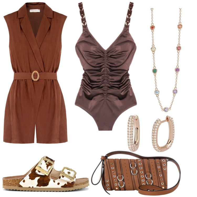 Outfit donna - Jumpsuit corta per la spiaggia. Stile Casual chic per Mare. Abbinamento con orecchini, collane, borse a spalla, tuta corta, sandali in pelle, costumi interi.